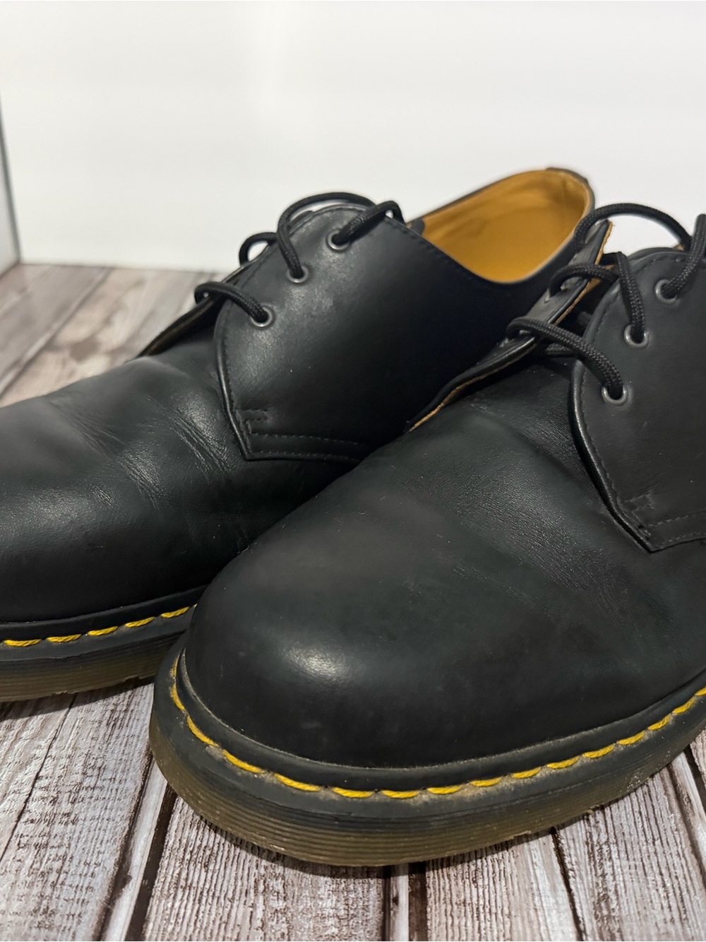 Dr. Martens Black Leather 3-Eye Derby Shoes with Yellow Welt Stitching us13 uk12